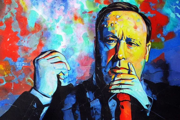 Image similar to abstract painting of alex jones looking worried as his life collapses into the lovecraftian void around him