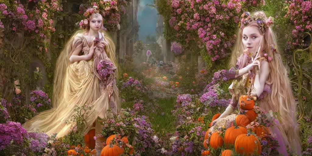 Image similar to fairytale princess with lovely detailed face entering the gates of her majestic palace of flowers , with horse driven , carriage made of pumpkins , epic scene unreal render depth of focus blur hyperrealistic detail Star Wars mucha Alice Tim burton fantasy art behance