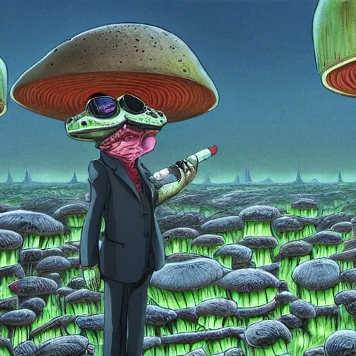 Image similar to A centered chest up portrait of a psychedelic demonic anthropomorphic frog smoking a hand-rolled cigarette smoking heavily , magic mushroom village in background . award winning. superb resolution. in the art style of junji Ito and greg rutkowski . Detailed Mushroom city in background. Hyper realistic anime. Perfect art. Dalle2