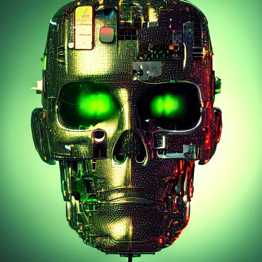 Prompt: super detailed portrait of a terminator's head, packed with cybernetics and and borg enhancements and has optic fibers inside. In a forest with bokeh.