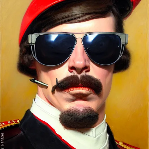 Prompt: drdisrespect full body posing as napoleon, wearing oakley sunglasses, breath taking, portrait, highly detailed painting by gaston bussiere, j. c. leyendecker, greg rutkowski, craig mullins 8 k