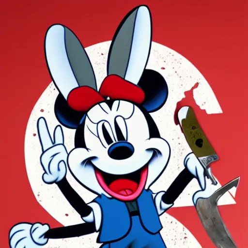 Image similar to laughing bugs bunny stabs mickey mouse with a bowie knife, blood spray, horror, intimidating, insanely detailed, photorealistic, 8 k, trending on artstation.