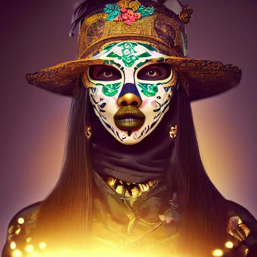 Image similar to the portrait, masked mexican mariachi woman, exotic costumes, gold jewelry, black hair, illustration by wenjun lin, irakli nadar, bright colors, octopath traveler, wenjun lin, unreal engine 5 highly rendered, global illumination, radiant light, detailed and intricate environment