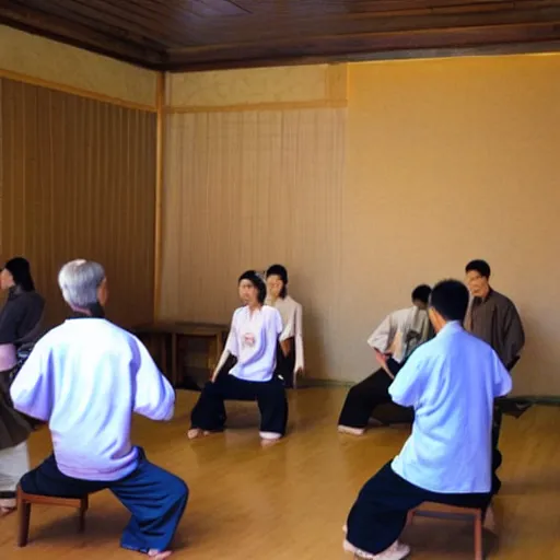 Prompt: tai chi class at a chinese tea house in the stytle of kuroda seiki