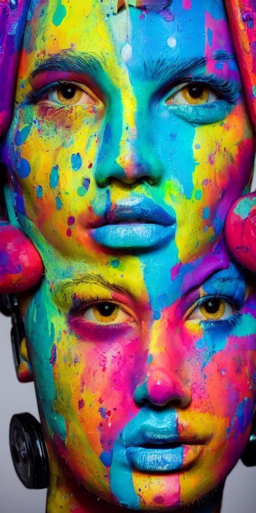 Image similar to thick technicolor paint oozes over the face of robot