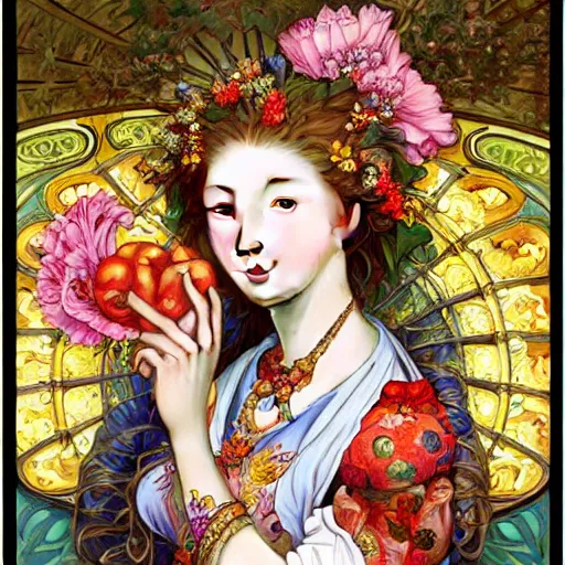 Image similar to a masterpiece ultrarealistic ultradetailed portrait of beautiful love fishmonger jewelry genius girl on fruits street market baroque renaissance. medium shot, intricate, elegant, by stanley artgerm lau, wlop, alphonse mucha, rossdraws, andrei riabovitchev, yoshitaka amano. flower background my james jeand and takashi murakami.