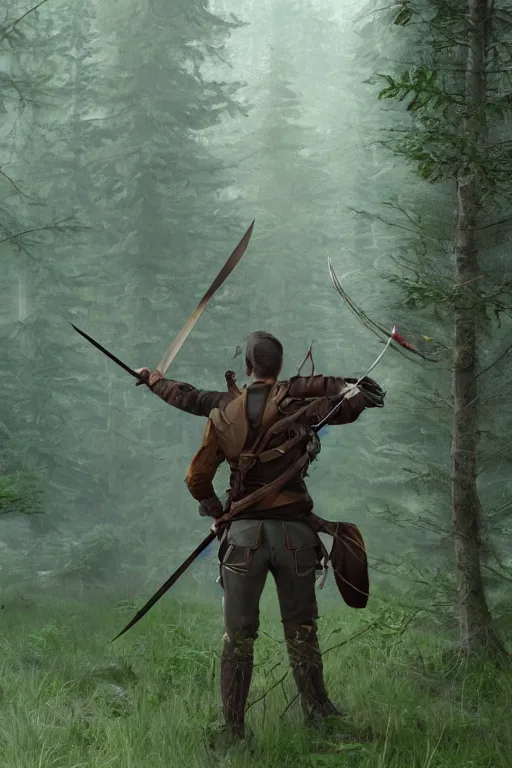 Image similar to A ranger, sword and bow in hand, entering a forest clearing in the style of Pascal Blanché, trending on artstation, artstationHD, artstationHQ, unreal engine, 4k, 8k
