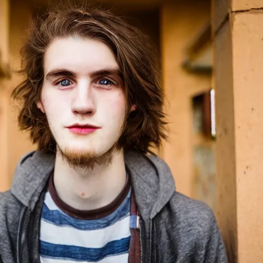 Image similar to portrait of a 2 1 year old german - irish man with long face, long brown hair, strong chin, grey eyes, stubble