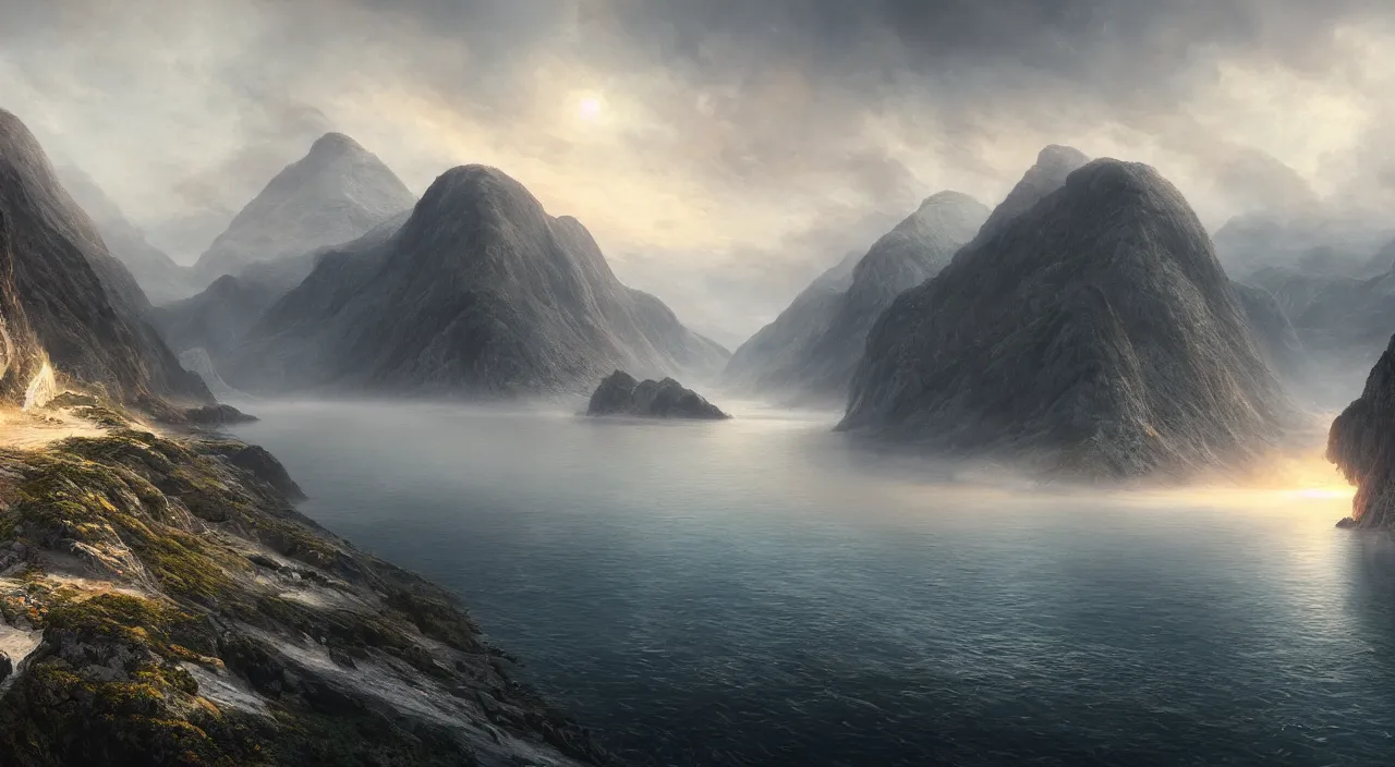 Prompt: hyper realistic detailed matte painting of fiord among calm foggy sea in the background with ancored fregata, sunset lighting, hyperdetailed unreal engine 8 k ultra hd, stanley artgerm lau, rossdraws, james jean marc simonetti ruan jia and mandy jurgens and artgerm and william illustration, digital art, concept art