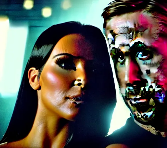 Image similar to a movie still of kim kardashian aiming a gun with ryan gosling in the movie blade runner 2 0 4 9