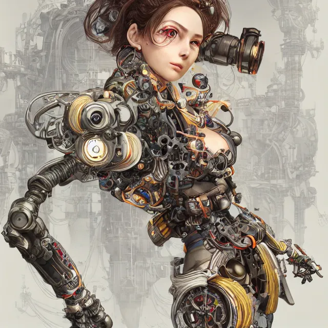 Prompt: the portrait of true neutral semi - colorful female cyborg mechanist as absurdly beautiful, gorgeous, elegant, young woman looking up, an ultrafine hyperdetailed illustration by kim jung gi, irakli nadar, intricate linework, bright colors, octopath traveler, final fantasy, unreal engine 5 highly rendered, global illumination, radiant light, detailed and intricate environment