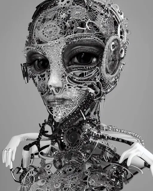 Image similar to black and white dreamy foggy smoky profile face portrait, one silver steampunk eye biomechanical beautiful young female cyclope - cyborg - robot bust, body ribs meshes,, volumetric light, hibiscus flowers, by hg giger, rim light, by dora maar and cecile beaton, big gothic fashion pearl embroidered collar, 8 k