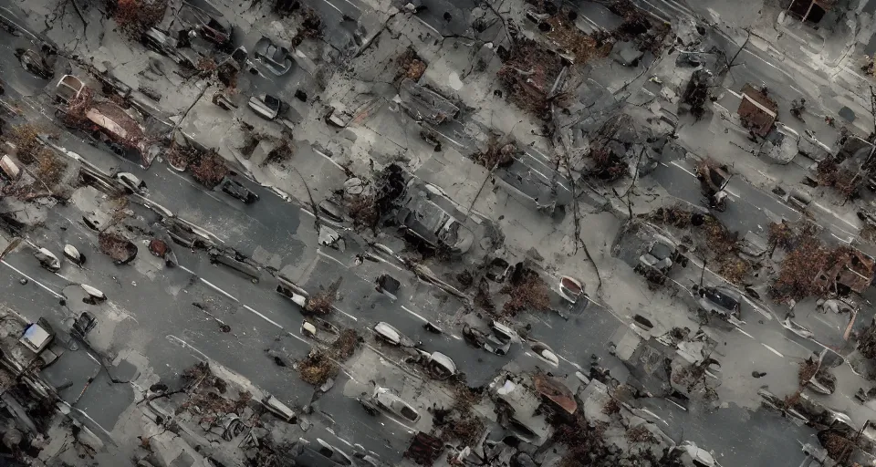 Image similar to aerial view of dilapidated zombie - apocalypse new york city in real life, desolate with zombies, dilapidated, empty streets, nightmarish, some rusted style parked vehicles, sunny weather, few clouds, volumetric lighting, photorealistic, daytime, autumn, sharp focus, ultra detailed, cgsociety