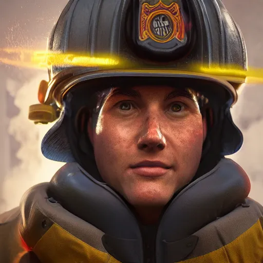 Image similar to portrait of firefighter, 8 k uhd, unreal engine, octane render in the artstyle of finnian macmanus, john park and greg rutkowski