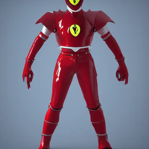 Image similar to Tokusatsu character based on Ferrari, red mechanical skinny body, chest plate with Ferrari logo, stylized motorcycle helmet, full body, unreal engine, 3D model