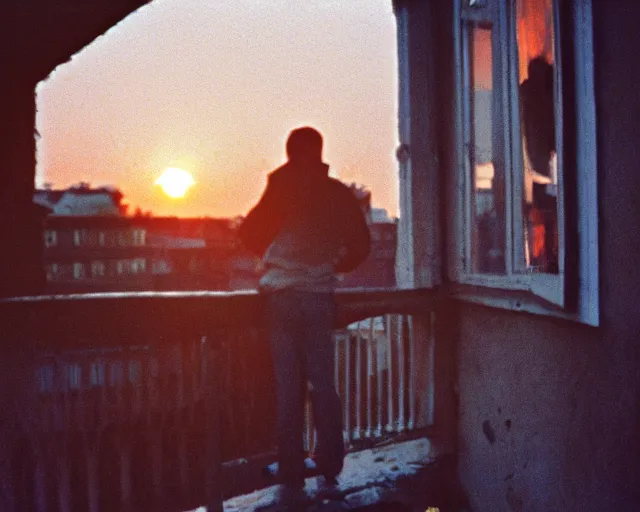 Image similar to lomo photo of pair standing on small hrushevka balcony full with cigarette smoke in small russian town looking at sunset, cinestill, bokeh