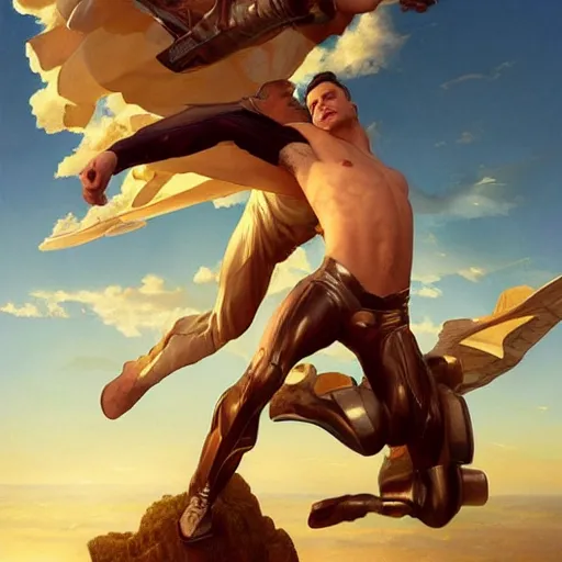 Image similar to a man flying through the sky. photorealistic. realism. 4 k wideshot. cinematic. unreal engine. masterpiece. rule of thirds. beautiful. artgerm. marc simonetti. jc leyendecker