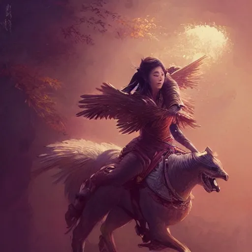 Image similar to asian woman holding an eagle on a horse, greg rutkowski, fantasy, intricate, elegant, wolf nearby, highly detailed, digital painting, artstation, concept art, long shot, cinematic lighting