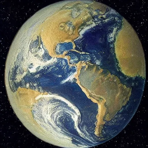 Prompt: a painting by Leonardo Da Vinci of the planet Earth in space