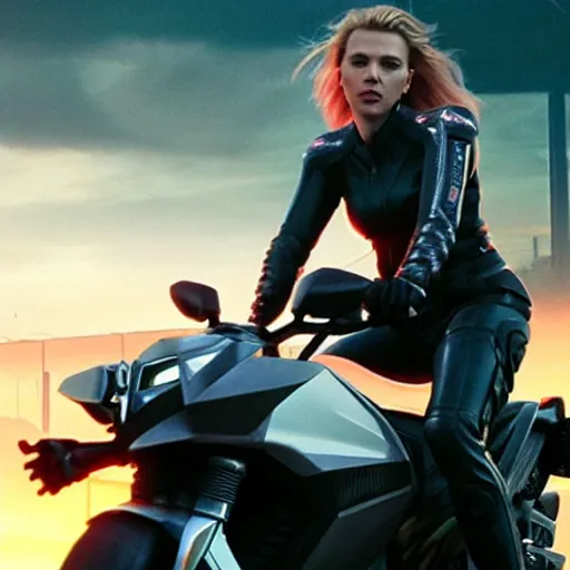 Image similar to scarlett johansson riding a futuristic motorbike in cyberpunk city, realistic, cinematic, hdr