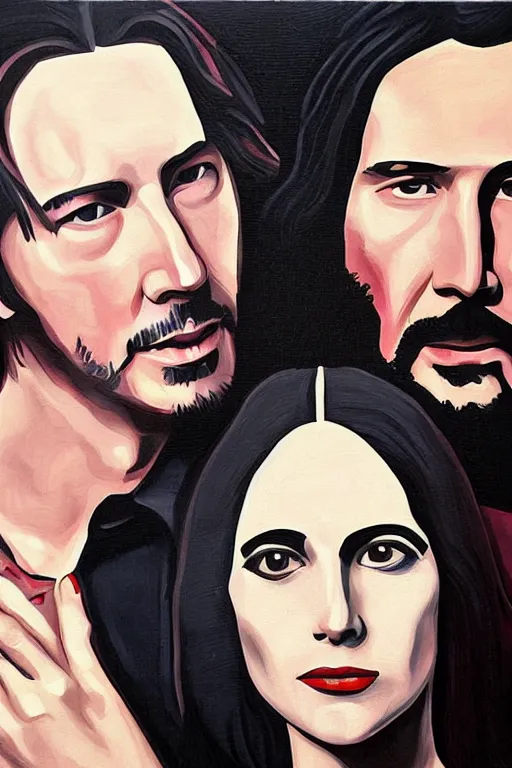 Prompt: painting of Keanu Reeves and Lady Gaga as the couple in American Gothic in the style of Grant Wood