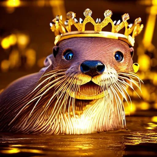 Image similar to river otter wearing crown surrounded by gold, expression, photo realistic, dramatic cinematic lighting, octane render, 4k, ultra detailed