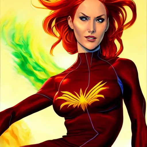 Image similar to jean grey, a full body portrait of jean grey, green eyes, red hair, phoenix rising, flames, flying, comic, x - men, highly detailed, artstation, symetry, digital painting, vivid colors, realistic shaded perfect face, soft lighting, atmospheric, sharp focus, moody, in the style of alex ross, 8 k