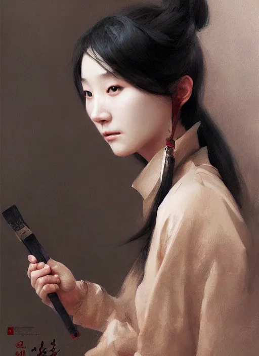 Image similar to portrait of Korean IU in a luxurious hotel from Hotel del Luna, digital painting, concept art, smooth, sharp focus, illustration, from Metal Gear, by Ruan Jia and Mandy Jurgens and William-Adolphe Bouguereau, Artgerm