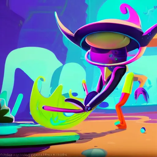 Image similar to a manta ray character who sells paints, designed by splatoon nintendo, inspired by tim shafer psychonauts 2 by double fine, cgi, professional design, gaming