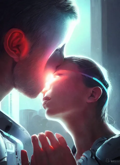 Image similar to ultra realistic close - up of a couple of cyborgs kissing, lovers, cyberpunk, sci - fi, fantasy, led color, flare, soft light, night, highly detailed, digital painting, concept art, sharp focus, illustration, art by artgerm and greg rutkowski