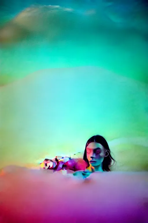 Image similar to high quality pastel coloured film close up wide angle photograph of a model wearing clothing swimming on cloud furniture in a icelandic black rock!! environment in a partially haze filled dreamstate world. three point light, rainbow. photographic production. art directed. pastel colours. volumetric clouds. pastel gradient overlay. waves glitch artefacts. extreme facial clarity. 8 k. filmic.