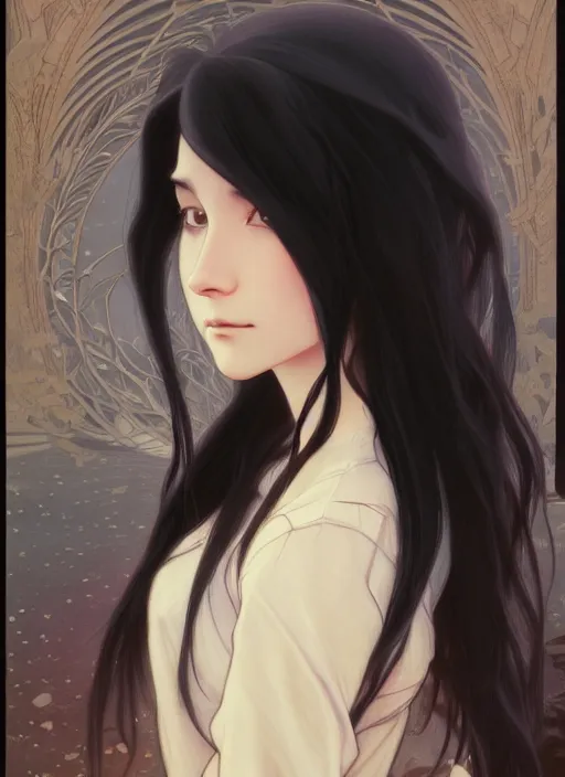 Image similar to pretty young woman with long black hair walking in the darkness, path traced, highly detailed, high quality, digital painting, by studio ghibli and alphonse mucha, leesha hannigan, makoto shinkai, disney