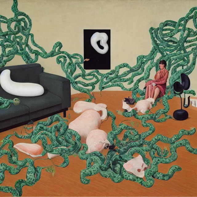 Image similar to a female pathology student in her apartment, wrapped in vines, medical equipment, stepping stones, octopus, first aid kit, pig, black walls, ikebana, black armchair, sculpture, acrylic on canvas, surrealist, by magritte and monet