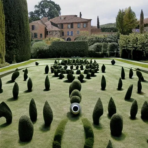 Image similar to giant Italian modern castle formal garden with a modern stainless steel organic shaped modern sculptures with mirror finish by Tony Cragg, photo by Annie Leibovitz