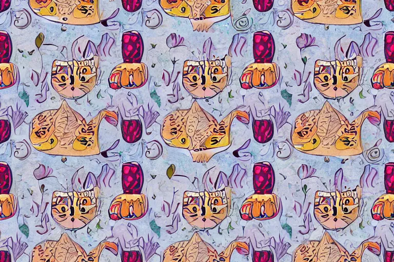 Image similar to beautiful art illustration of a group of happy cats by laurel burch, highly detailed, seamless pattern, tiling