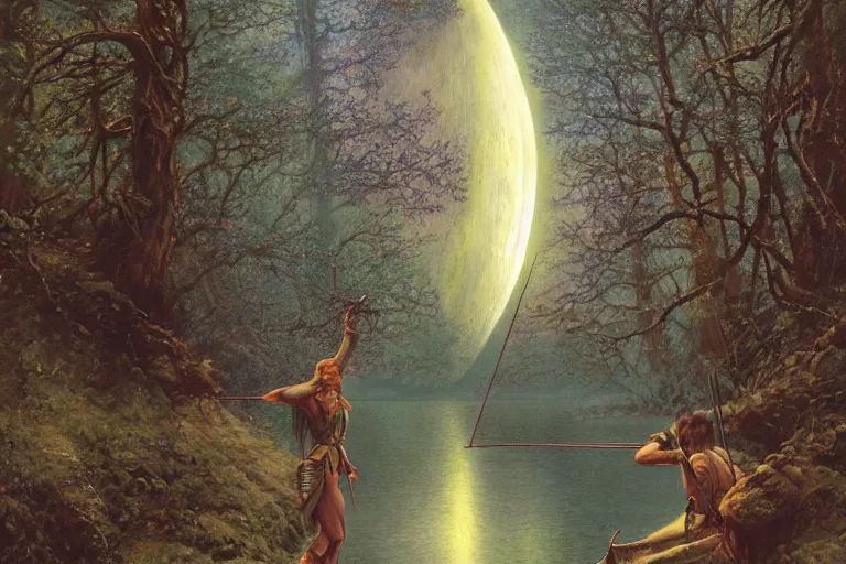 Image similar to falls of the firbolg archer, art by darrell k. sweet and peter elson and kinuko y. craft, trending on artstation, moon light first - person view iridescent colors, tonalism, very detailed, retrowave, exquisite corpse