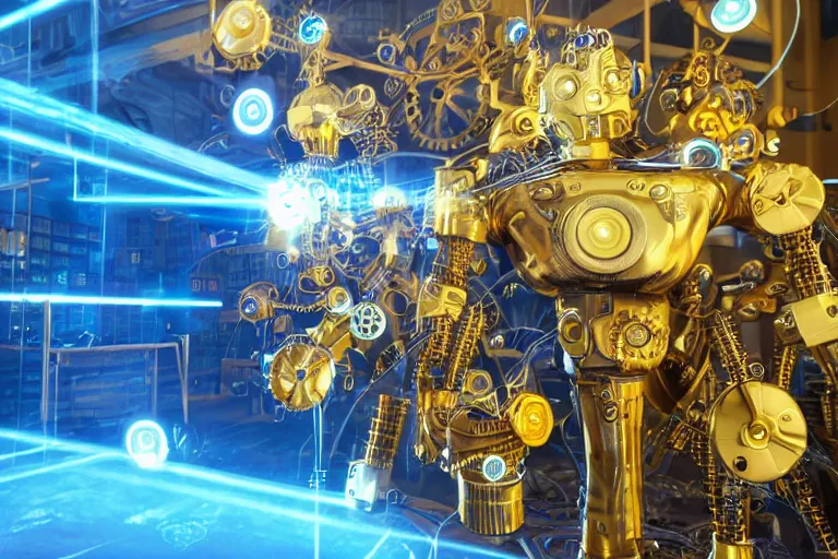 Image similar to photo of a golden and blue metal steampunk office robot with gears and tubes sitting in a modern office, on the office table and floor is a mountain of money bills, eyes are glowing red lightbulbs, shiny crisp finish, 3 d render, 8 k, insaneley detailed, fluorescent colors, background is multicolored lasershow