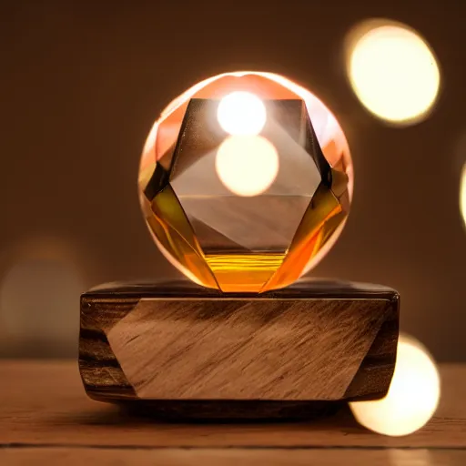 Prompt: award winning photo of a crystal sitting on beautiful wood, volumetric lighting