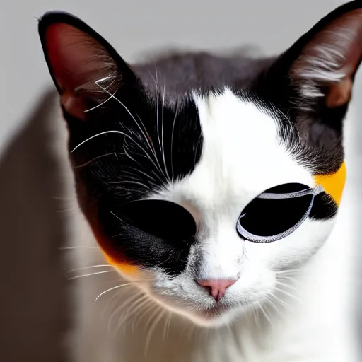 Image similar to photo of a cat, white bottom and jaw, black forehead and top, one eyepatch