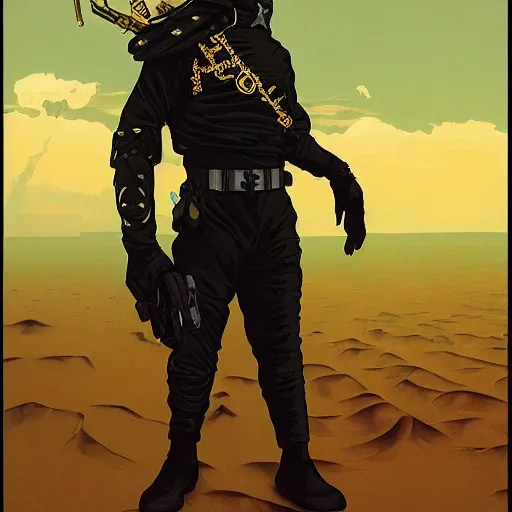 Prompt: portrait of rubbery, gaunt albino mutant with moist skin, sharp features, large lips, huge black eyes and determined expression, wearing fascist Byzantine police uniform and standing on Dune docks, science fiction concept art by Anato Finnstark, Alphonse Mucha, and Greg Rutkowski