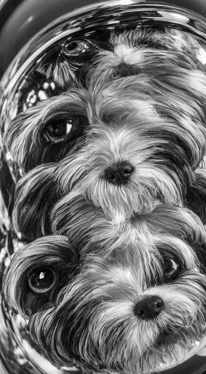 Prompt: fish eye lens portrait of one havanese dog reflected in a chrome sphere, ultra wide 8 mm, by m c escher pen and paper