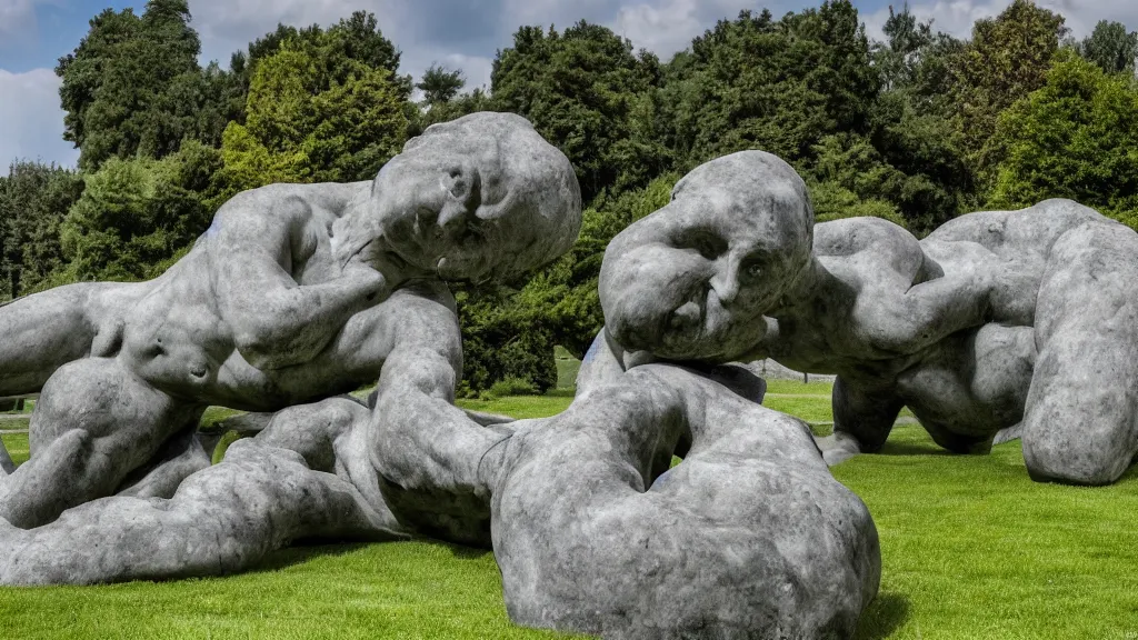 Prompt: a colossal impossible granite sculpture garden by michelangelo and henry moore and david cerny, on a green lawn, distant mountains, 8 k, dslr camera, but you your desire, award winning