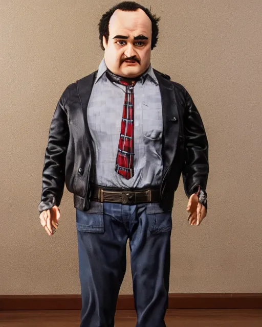 Image similar to Highly detailed robot remote controlled animatronic half scale doll toy in the likeness of John Belushi’s Bluto from Animal House, Studio Lighting