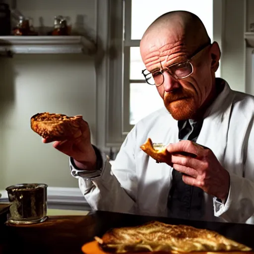 Image similar to walter white eating bruscetta, photography,