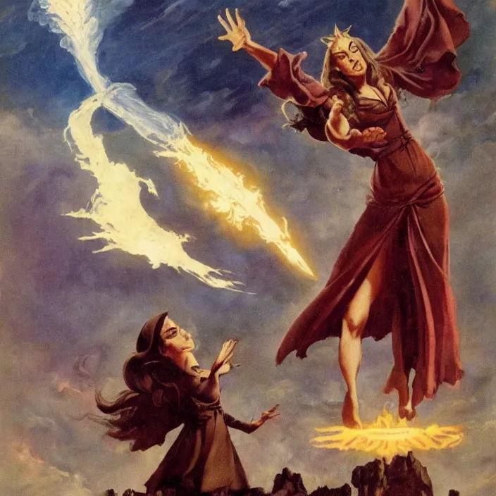 Image similar to female wizard casting morsmordre spell into the sky over hogwarts by frank frazetta