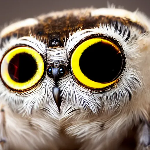 Image similar to jumping spider mixed with owl with 4 eyes and nightvision goggles, cute creature, hybrid, anamorphic lens, bokeh, kodak color film stock, macro shot