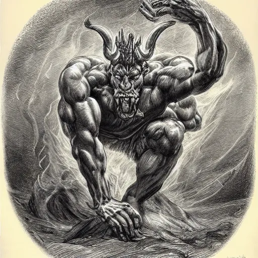 Prompt: full body grayscale drawing by Gustave Dore of muscled humanoid balrog beast with horns in heroic pose, swirling flames in background