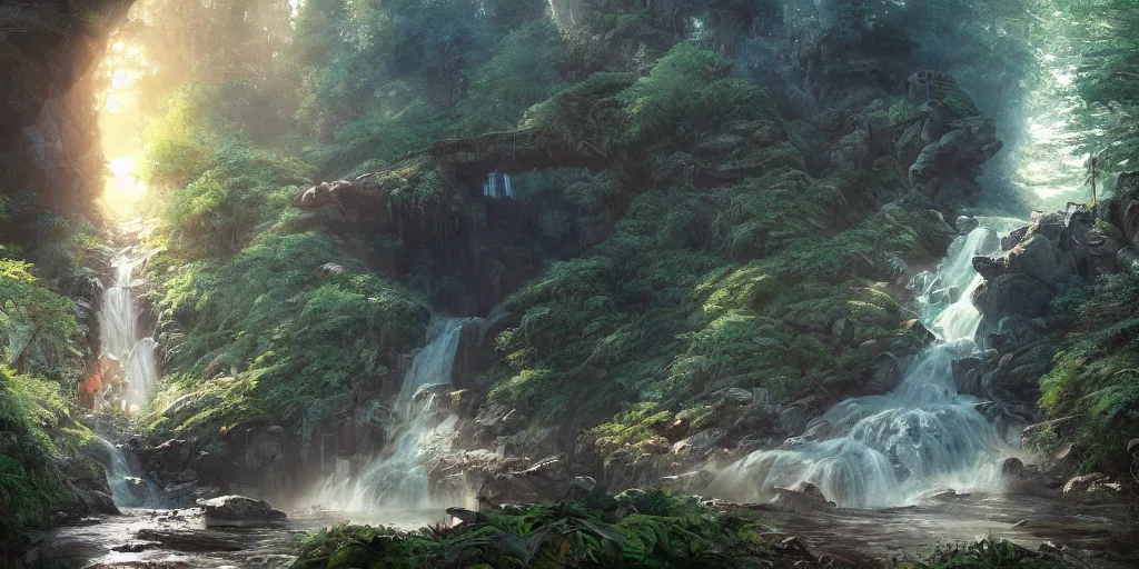 Prompt: a forest waterfall and cave at sunset, fantasy, magical lighting, Greg Rutkowski and Studio Ghibli and Ivan Shishkin