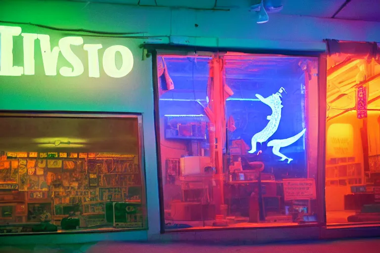 Prompt: a dinosaur shopping, inside of a 1970s music store store, neon lights, dirty, ektachrome photograph, volumetric lighting, f8 aperture, cinematic Eastman 5384 film