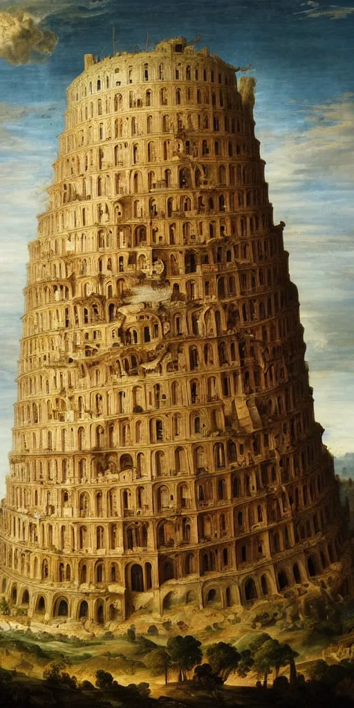 Image similar to baroque oil painting of : the elaborate ornate “ tower of babel ” is extremely tall and rises high above the mountains and the clouds all the way to heaven with golden rays of sunlight. photorealistic historical art with many small details ; heavenly ; majestic ; glorious ; beautiful.